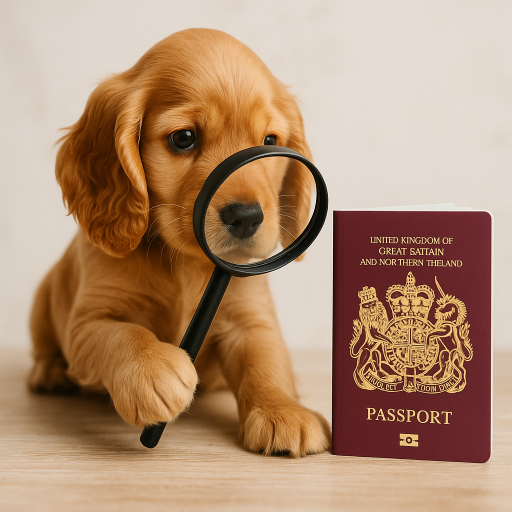 Cocker Spaniel inspecting an UK Passport through a magnifying glass.