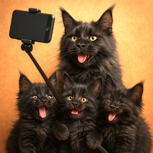 Black Smoke Maine Coon with kittens taking their selfie on a mobile phone.